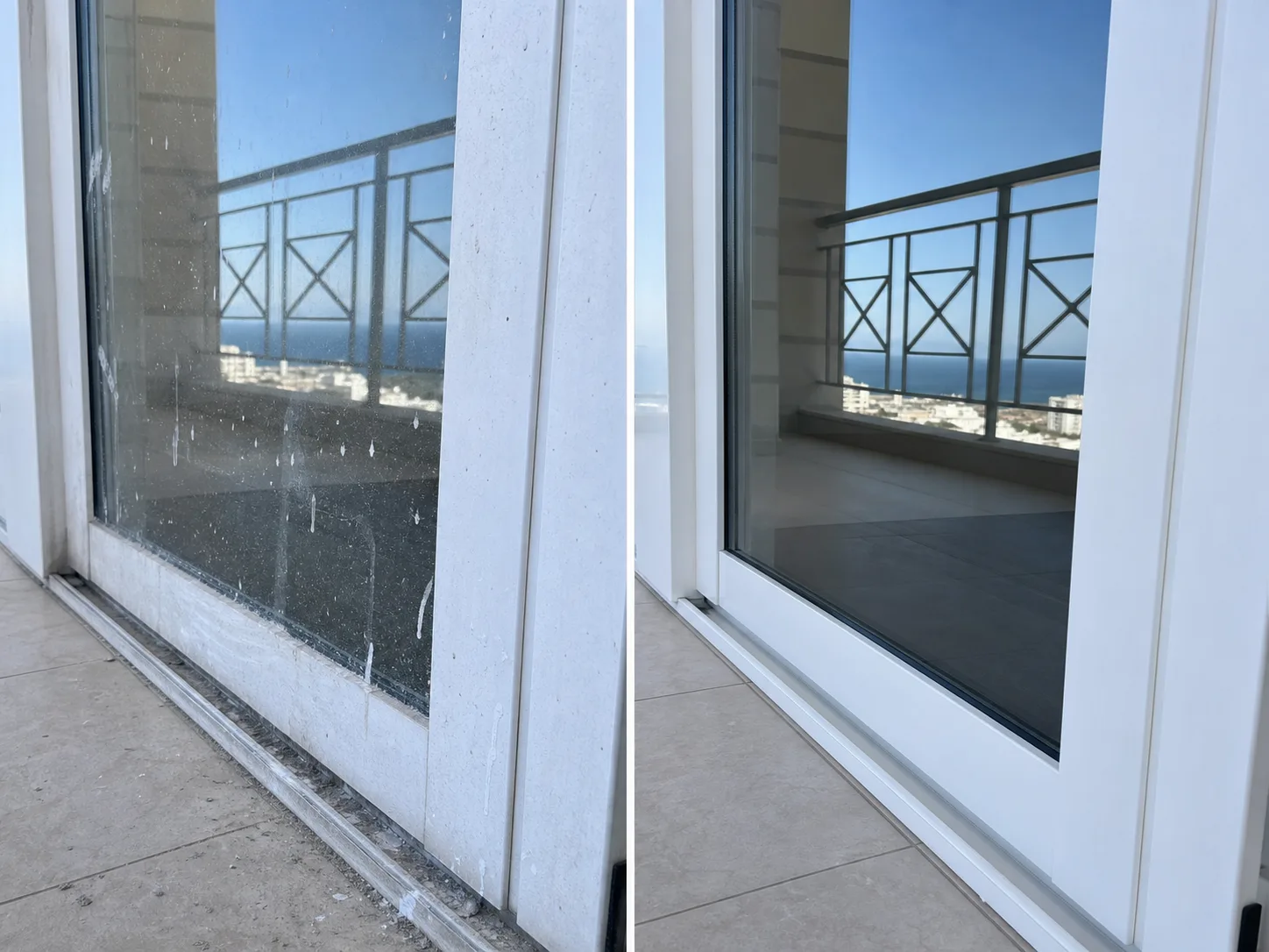 Before and after balcony glass and sliding door track cleaning