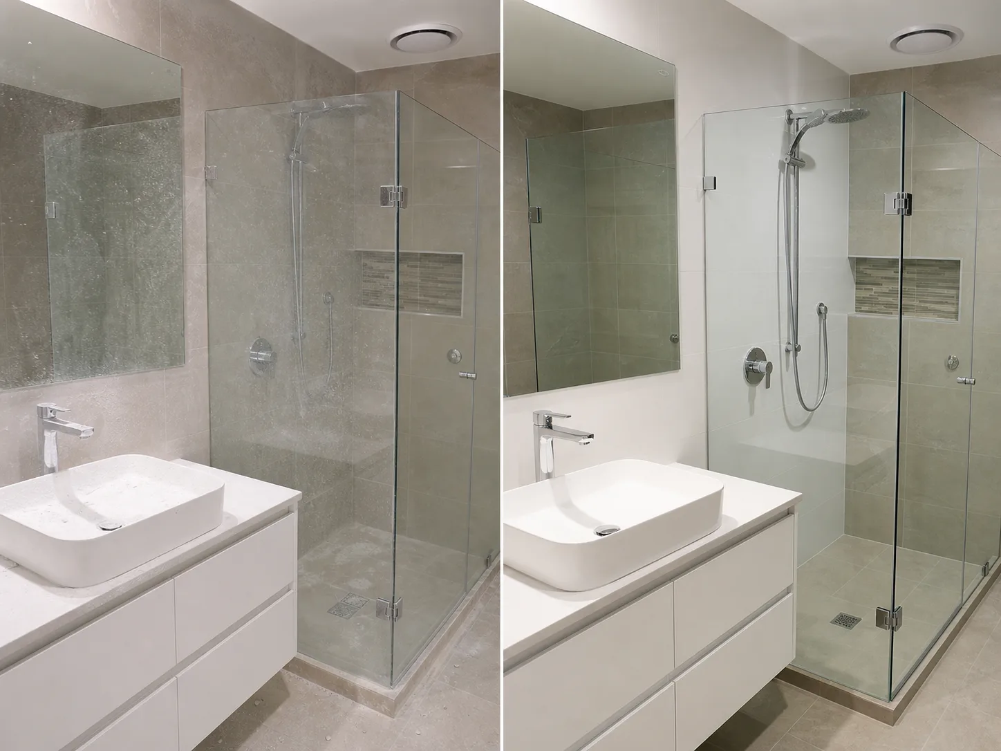 Before and after bathroom post-construction cleaning with glass and chrome polished