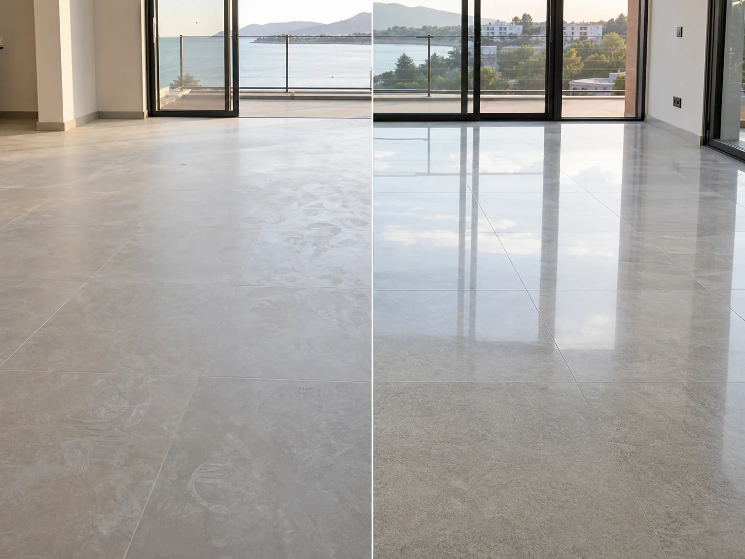 Before and after grout haze removal on large porcelain floor tiles