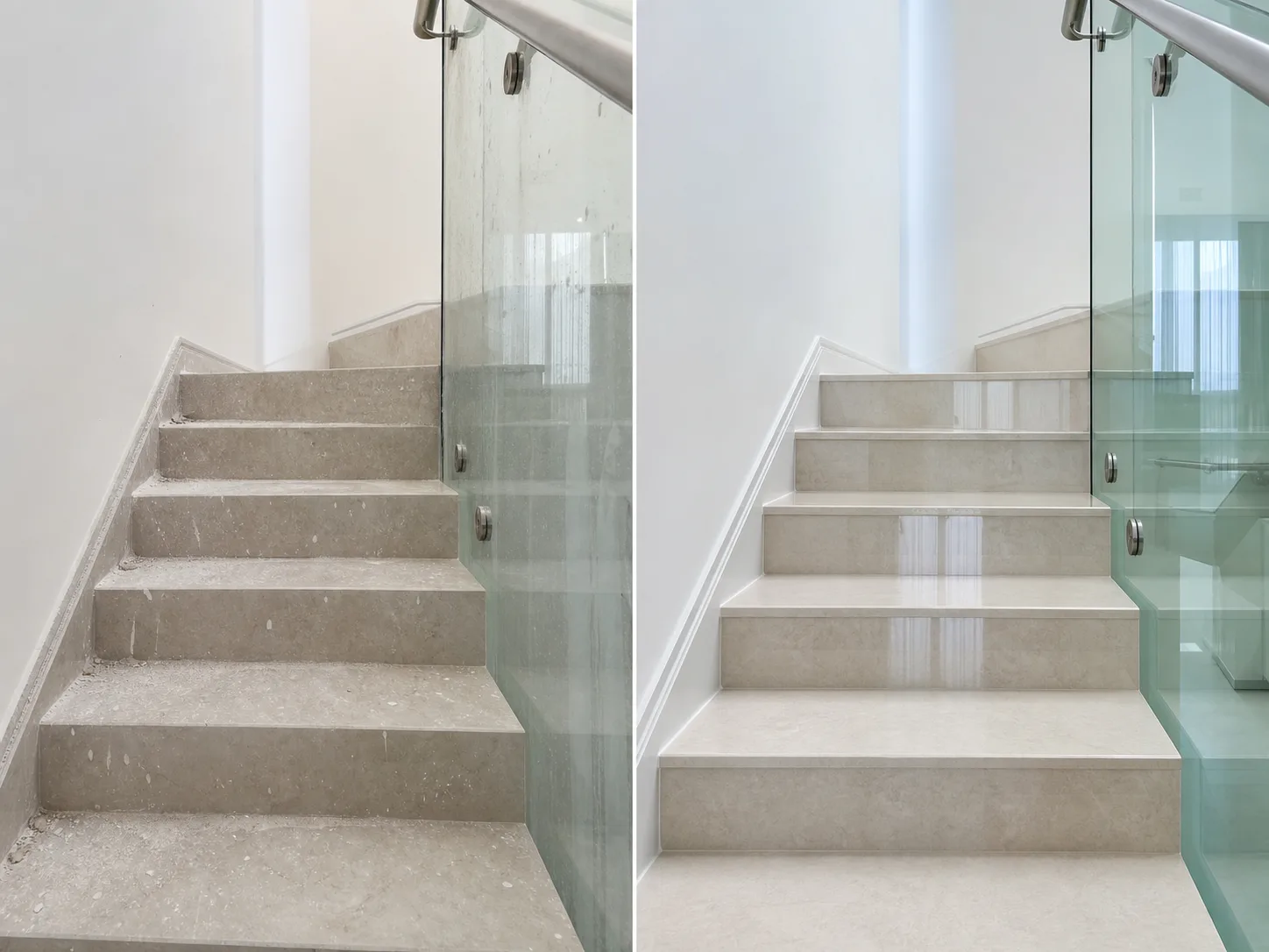 Before and after villa staircase, skirting and glass balustrade cleaning