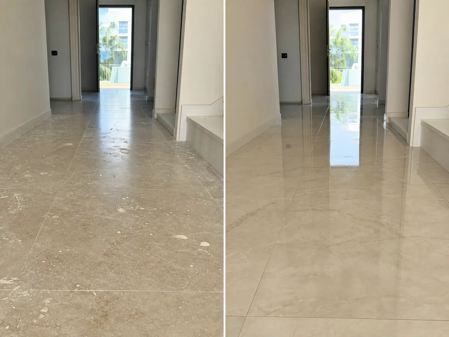 Before and after post-renovation tile floor cleaning in a Limassol apartment