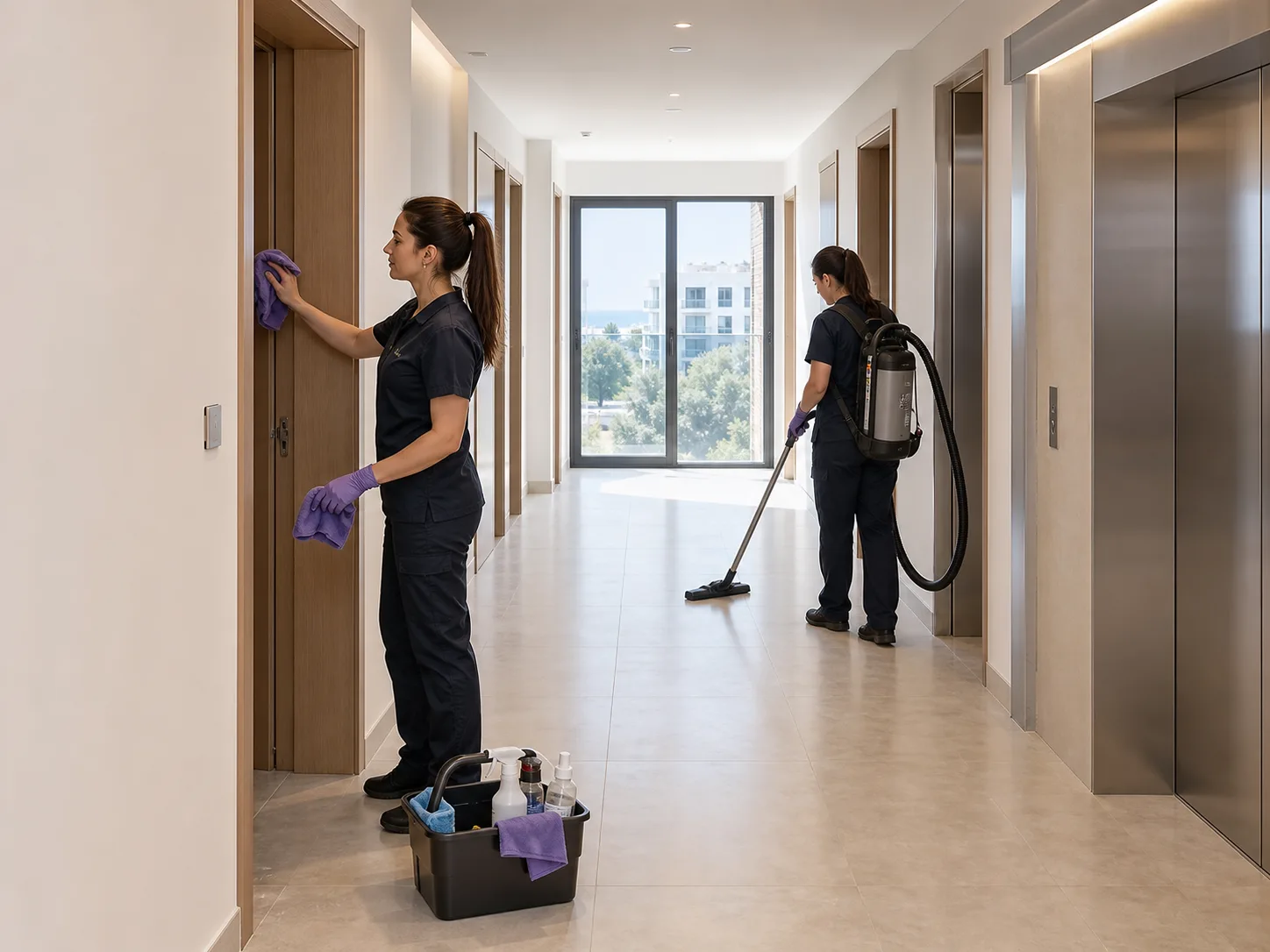Cleaned residential development corridor ready for apartment handover