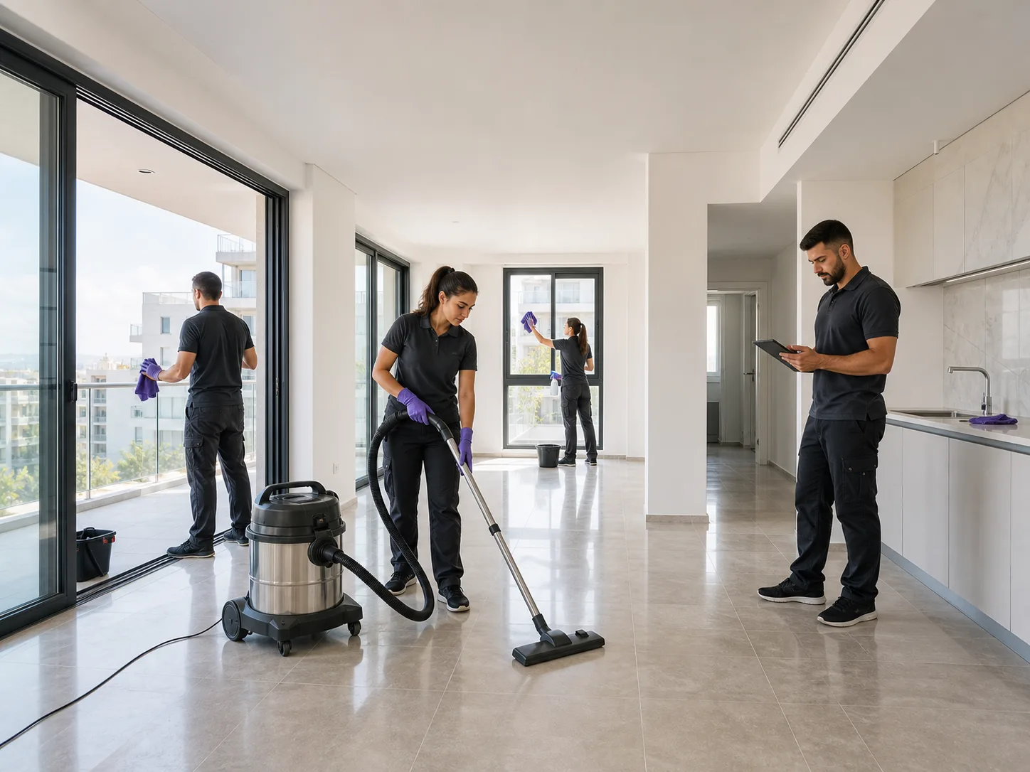 Post-construction cleaning team finishing a new apartment before developer handover