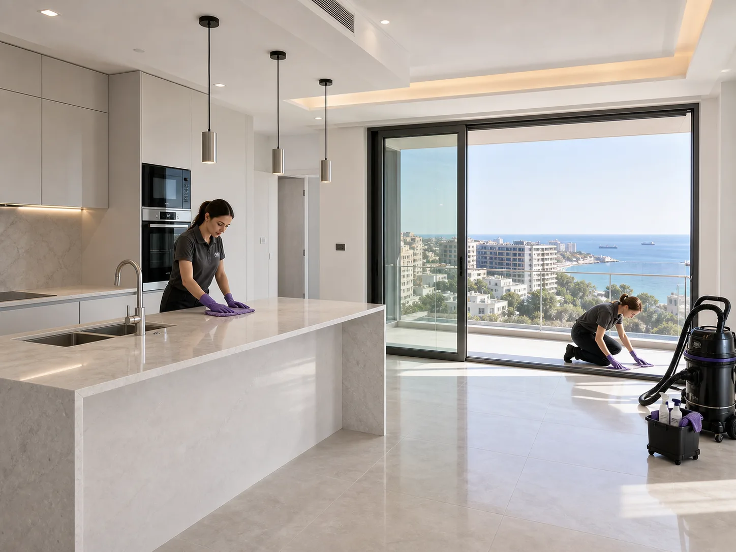 Final-polish cleaning in a high-end apartment kitchen and living room