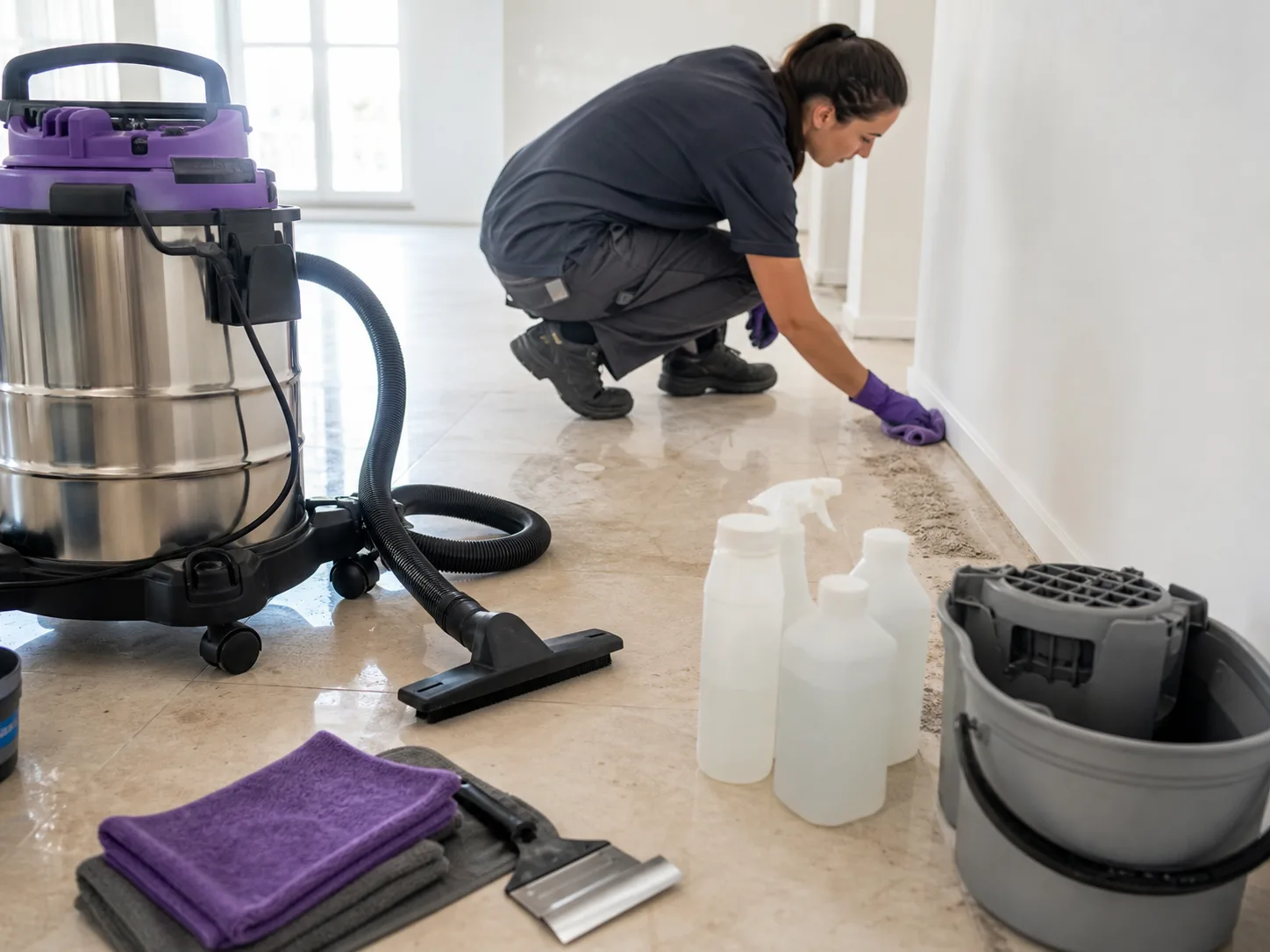 HEPA vacuum, scrapers and microfiber tools for post-renovation cleaning